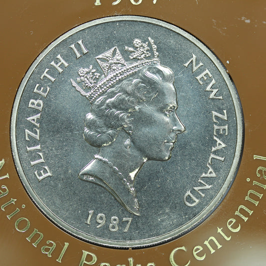 1987 New Zealand NZ $1 Coin National Parks Centennial BU in Perspex Case