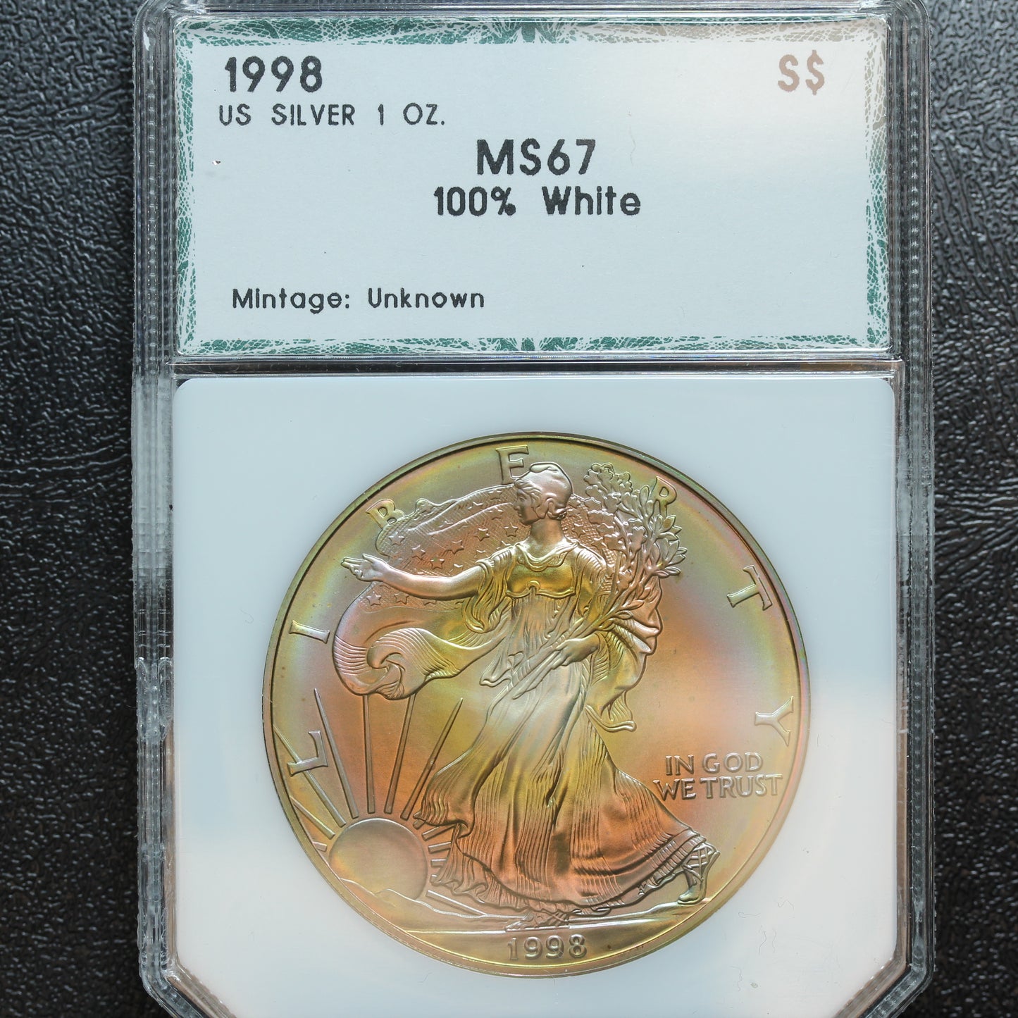 1998 American Silver Eagle Gorgeous Rainbow Toning in Holder