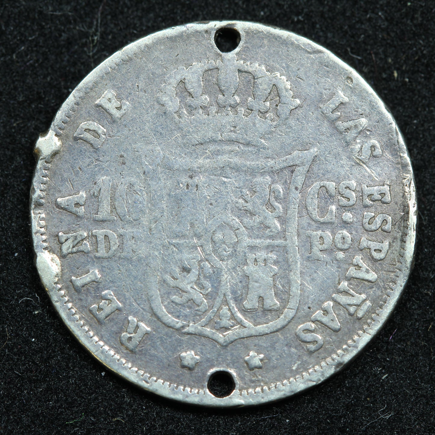 1867 10 Centimos Philippines Silver Coin - Isabel - KM# 145 - Jewelry Damage