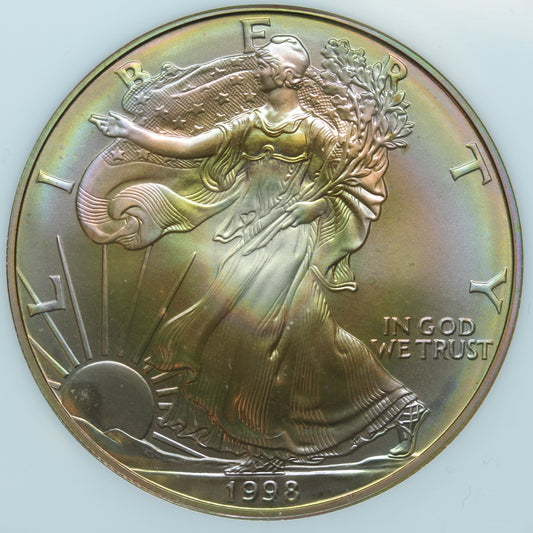 1998 American Silver Eagle Gorgeous Rainbow Toning in Holder