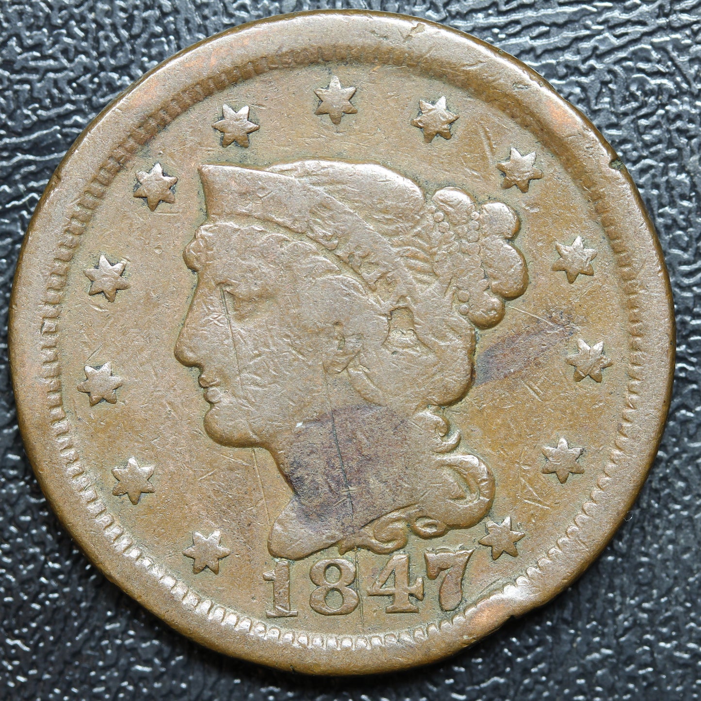 1847/47 Braided Hair US Large Cent 1C Penny 7 Over Small 7