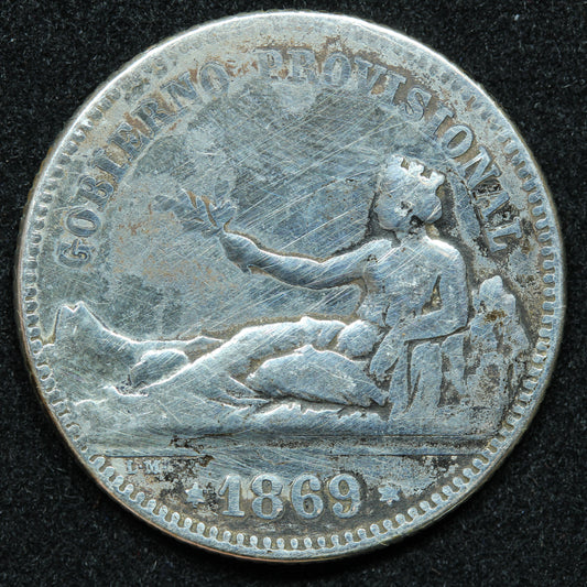 1869 Una Peseta SN M Spain Silver Coin - Seated Liberty - KM# 652