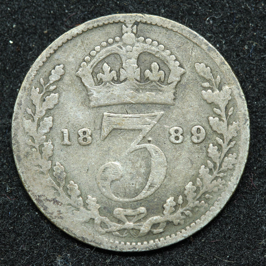 1889 Great Britain 3 Pence Threepence .925 Fine Silver KM#758