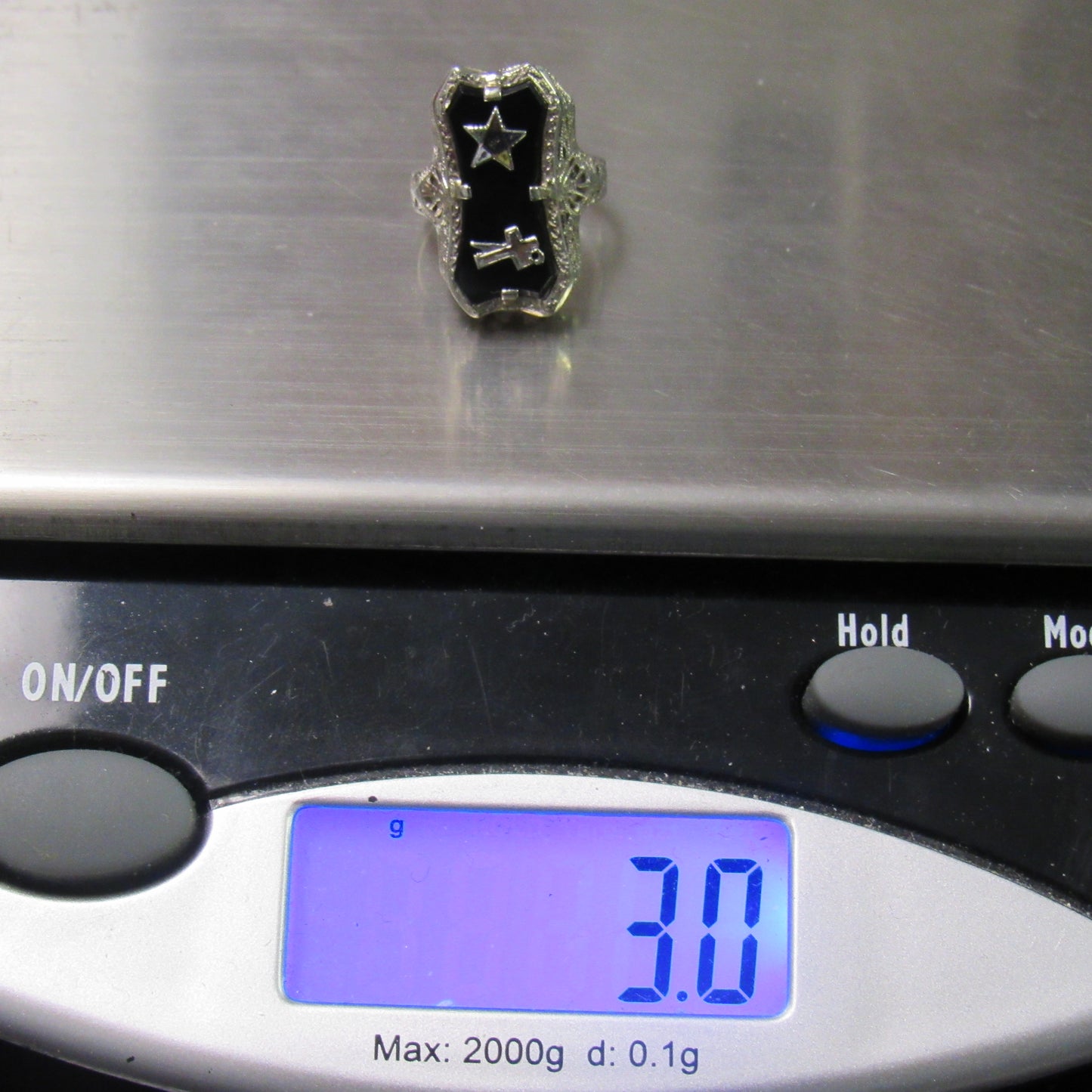 14K White Gold Women's Masonic Ring Onyx Art Deco Style - Sz 3