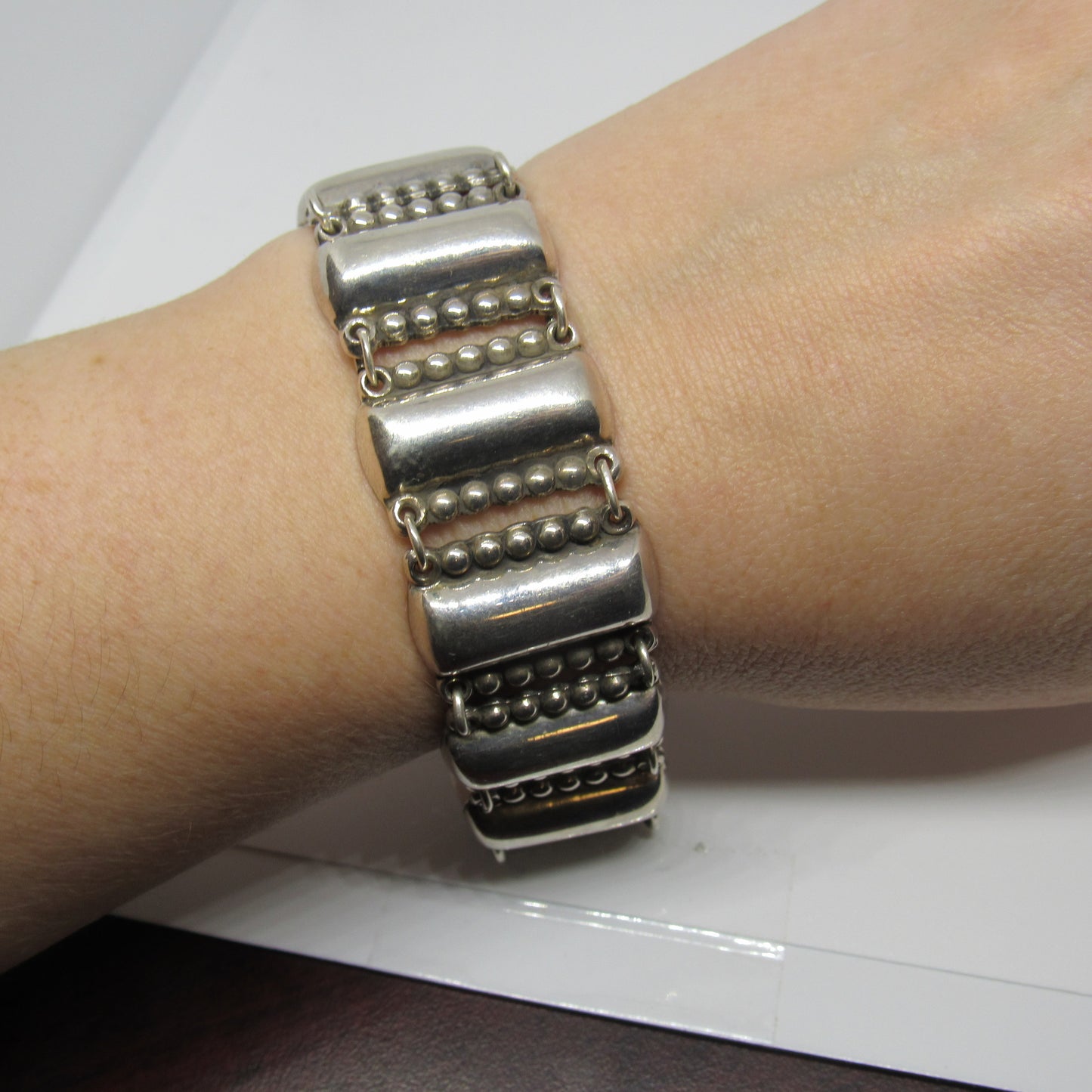 Vintage Sterling Silver 925 Mexico C-11 Rectangle Beaded Links - 8 inch