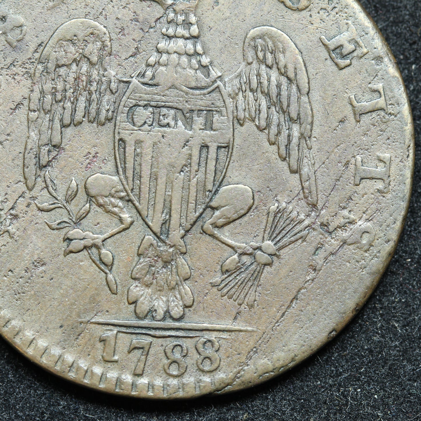 1788 Cent 1C Massachusetts, Period, Colonial Copper Coin