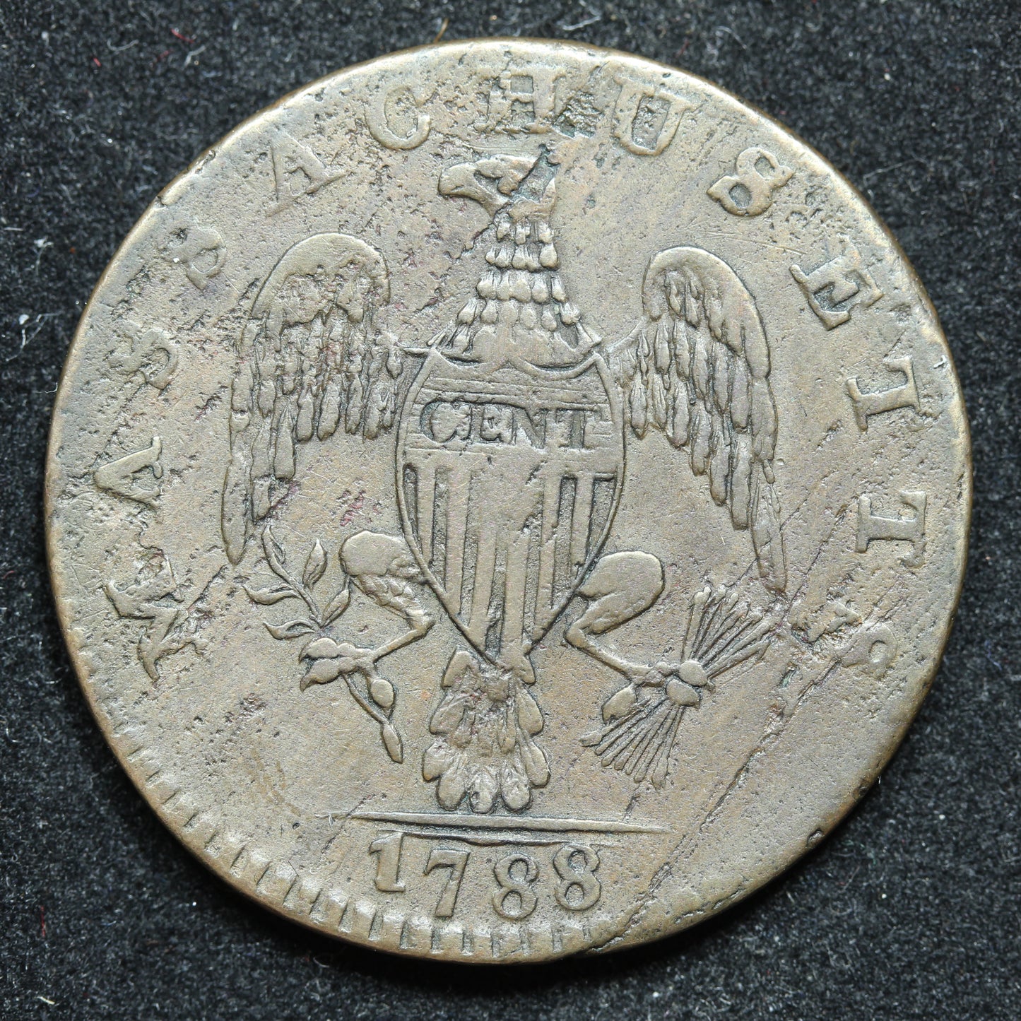 1788 Cent 1C Massachusetts, Period, Colonial Copper Coin
