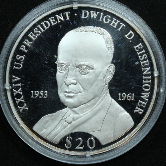 2000 Liberia $20 .999 Fine Silver Coin U.S. Presidents w/ COA - Eisenhower