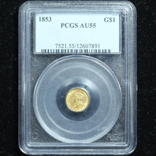1853 US Gold $1 Dollar Liberty Head - PCGS AU55