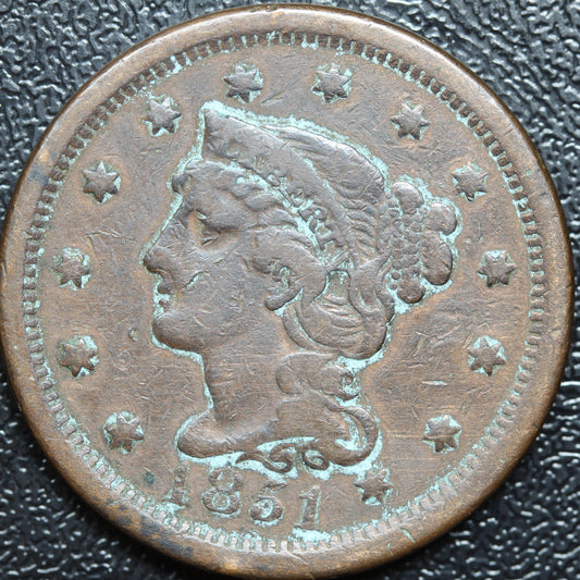 1851 Braided Hair Large Cent 1C Penny