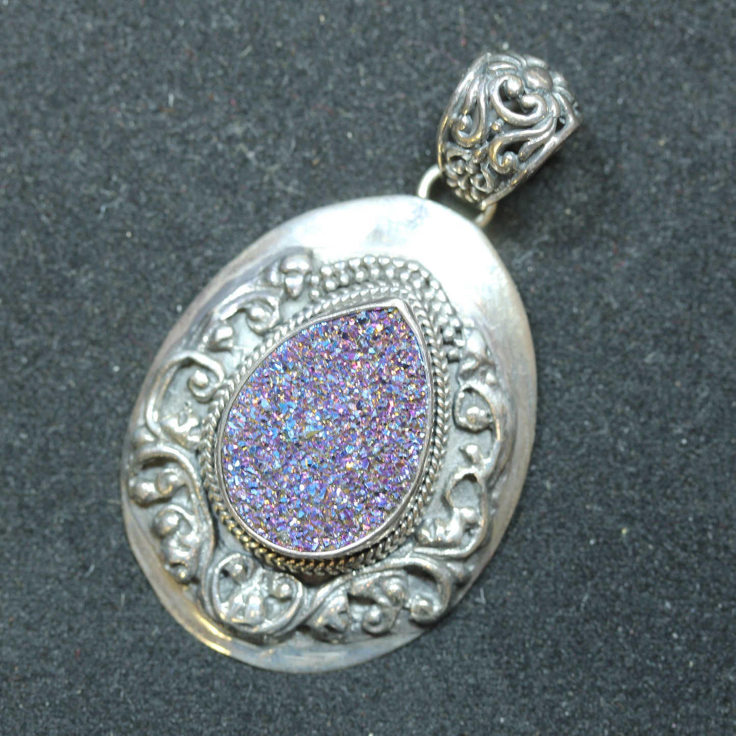 Sarda Sterling Silver Teardrop Filigree Style Druzy Quartz Charm Pendant ~1.75 inch