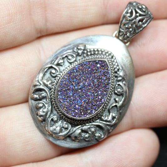 Sarda Sterling Silver Teardrop Filigree Style Druzy Quartz Charm Pendant ~1.75 inch