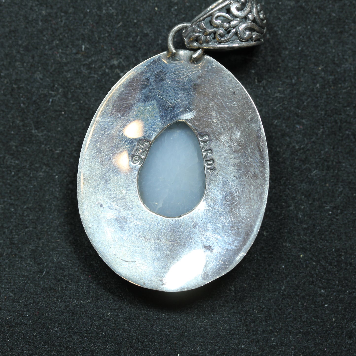 Sarda Sterling Silver Teardrop Filigree Style Druzy Quartz Charm Pendant ~1.75 inch