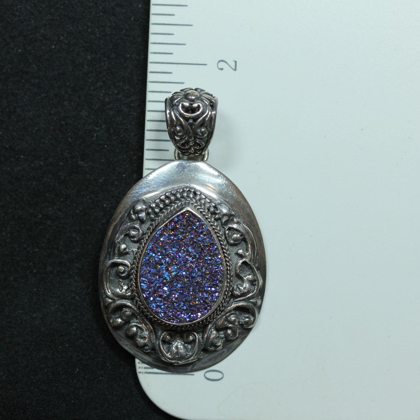 Sarda Sterling Silver Teardrop Filigree Style Druzy Quartz Charm Pendant ~1.75 inch