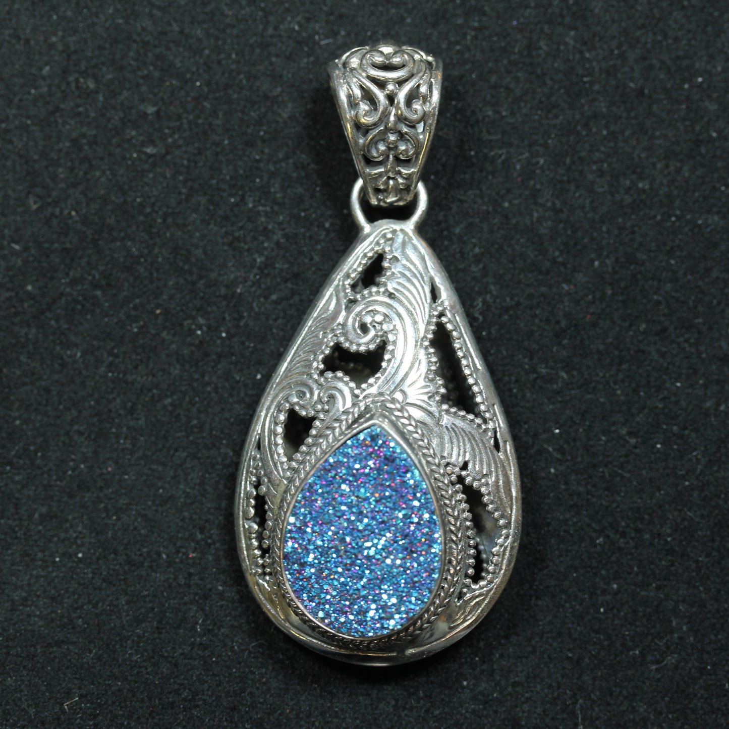 Sarda Sterling Silver Teardrop Filigree Style Druzy Quartz Charm Pendant ~2 inch