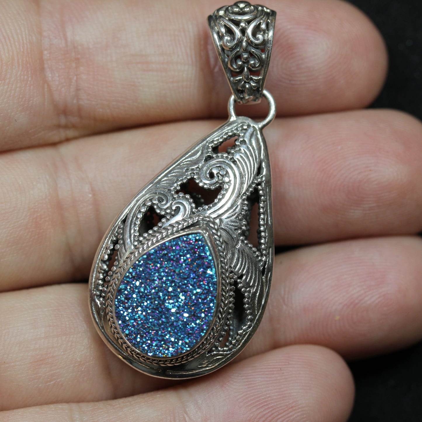 Sarda Sterling Silver Teardrop Filigree Style Druzy Quartz Charm Pendant ~2 inch