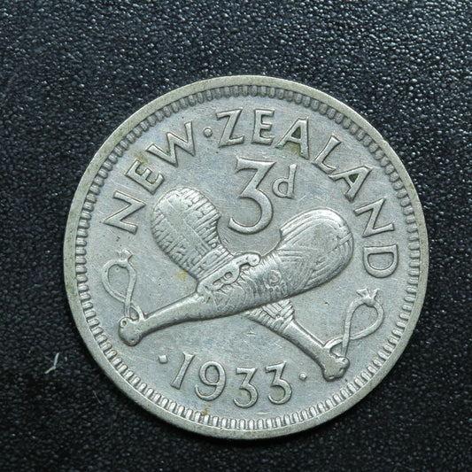 1933 New Zealand NZ 3 Pence Silver Coin - KM# 1