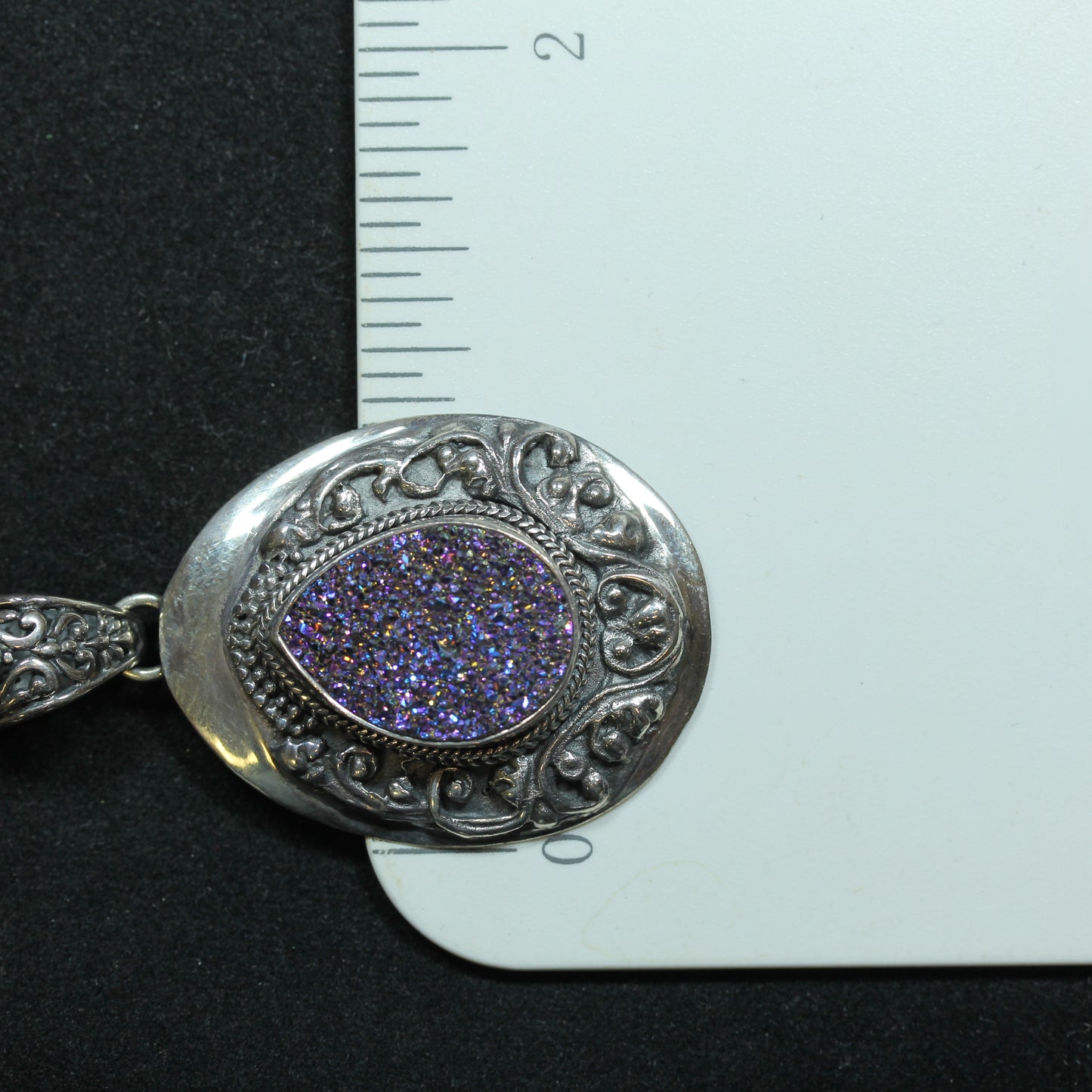 Sarda Sterling Silver Teardrop Filigree Style Druzy Quartz Charm Pendant ~1.75 inch