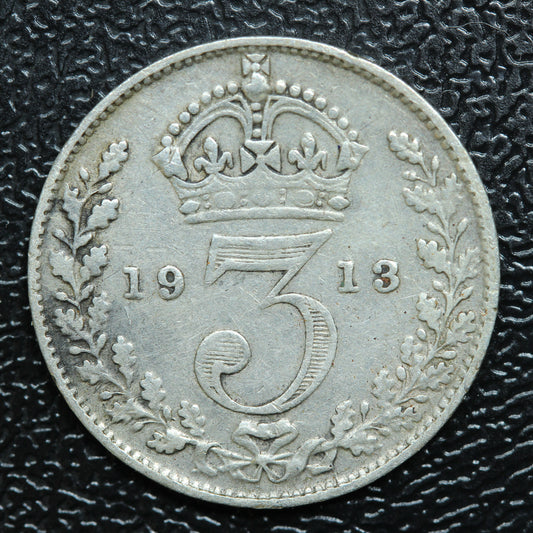 1913 Great Britain 3 Pence Threepence Silver Coin - KM# 813