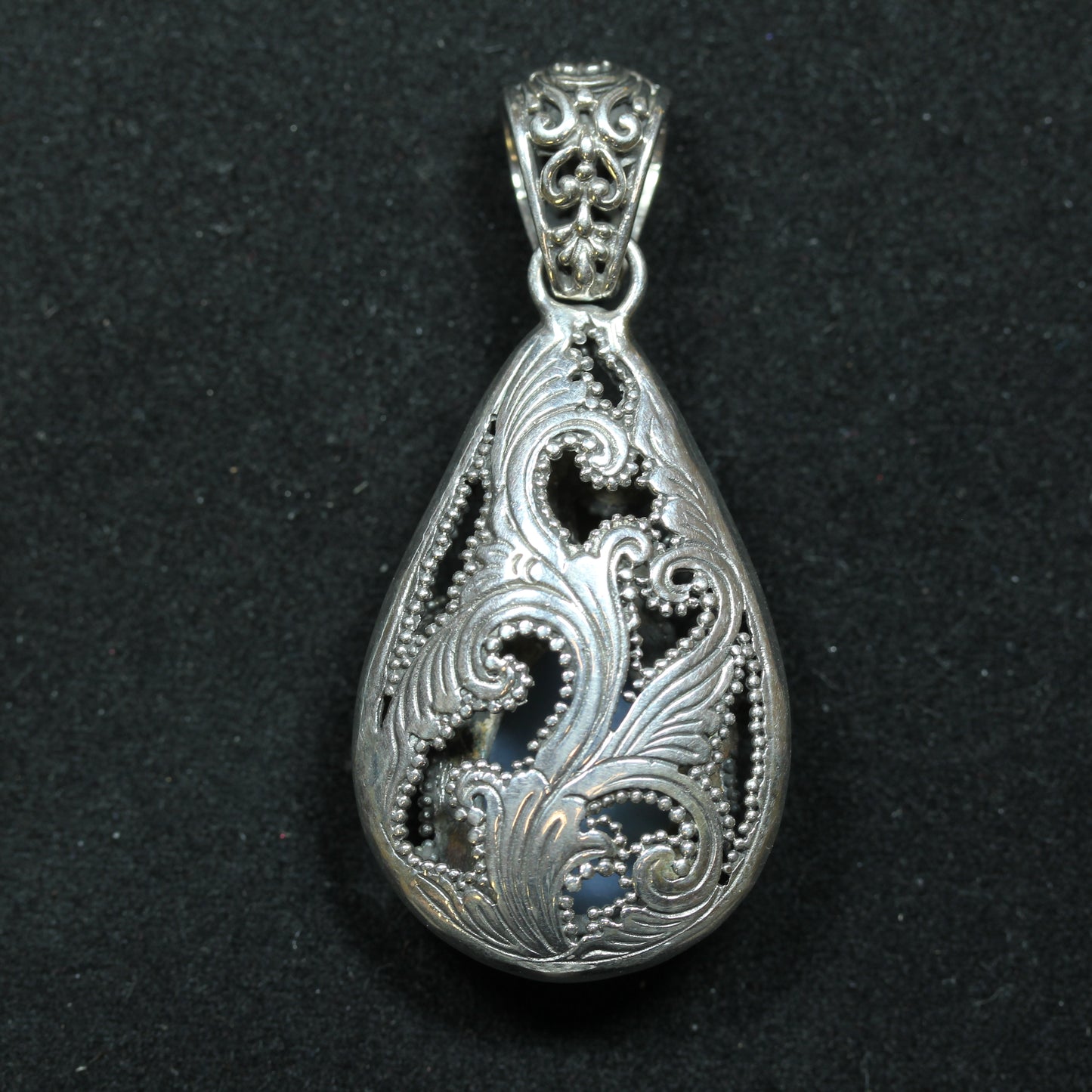 Sarda Sterling Silver Teardrop Filigree Style Druzy Quartz Charm Pendant ~2 inch