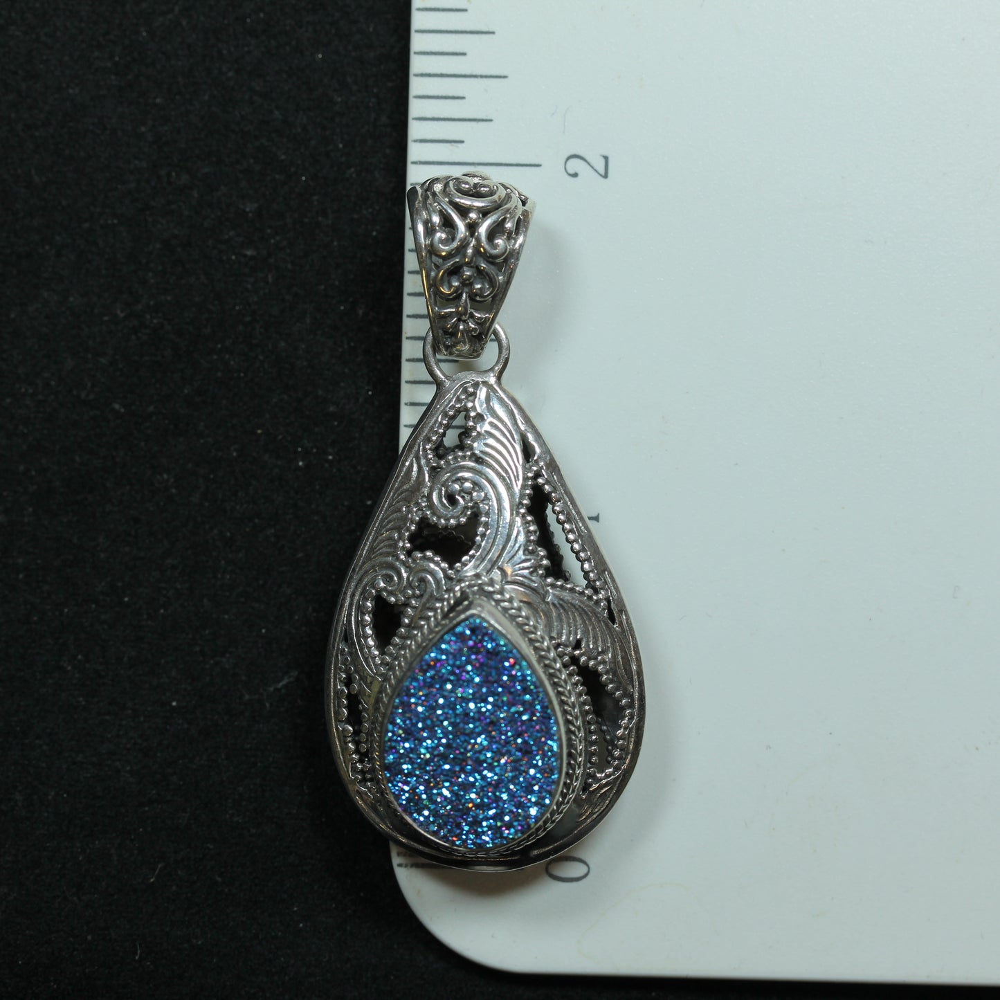 Sarda Sterling Silver Teardrop Filigree Style Druzy Quartz Charm Pendant ~2 inch