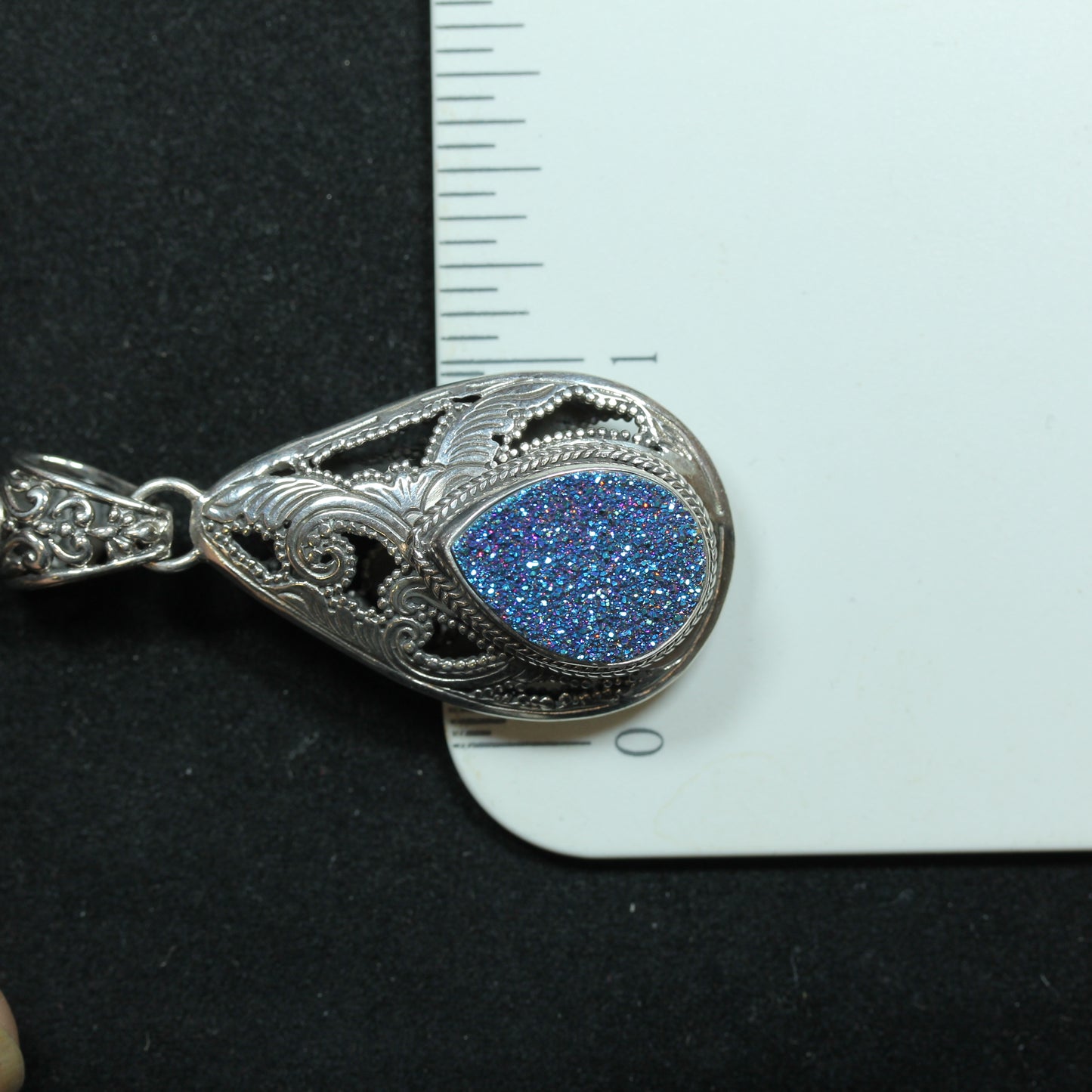 Sarda Sterling Silver Teardrop Filigree Style Druzy Quartz Charm Pendant ~2 inch