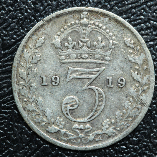 1919 Great Britain 3 Pence Threepence Silver Coin - KM# 813