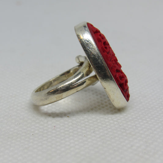 Sajen Sterling Silver Carved Red Cinnabar Floral Design Ring - Sz 5