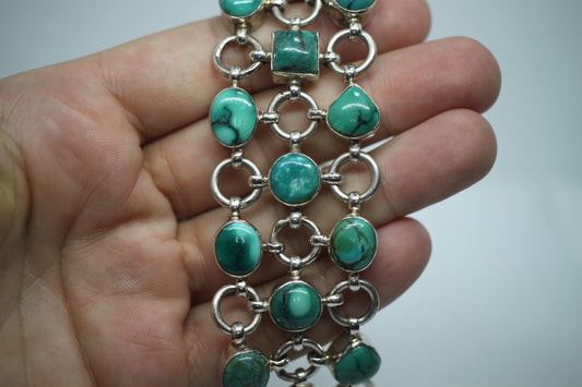 Sterling Silver 925 & Turquoise? Chain Link Mail Bracelet - ~1.25 in Wide