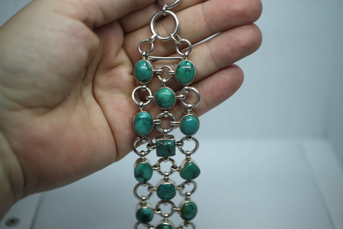 Sterling Silver 925 & Turquoise? Chain Link Mail Bracelet - ~1.25 in Wide