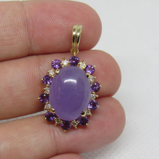 14k White Gold Lavender Jade Amethyst White Sapphire Pendant