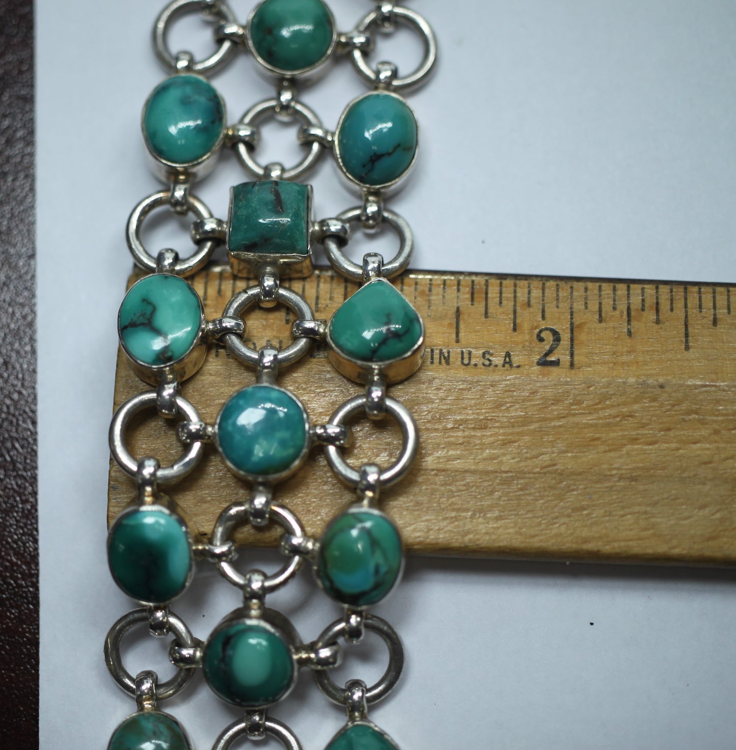 Sterling Silver 925 & Turquoise? Chain Link Mail Bracelet - ~1.25 in Wide