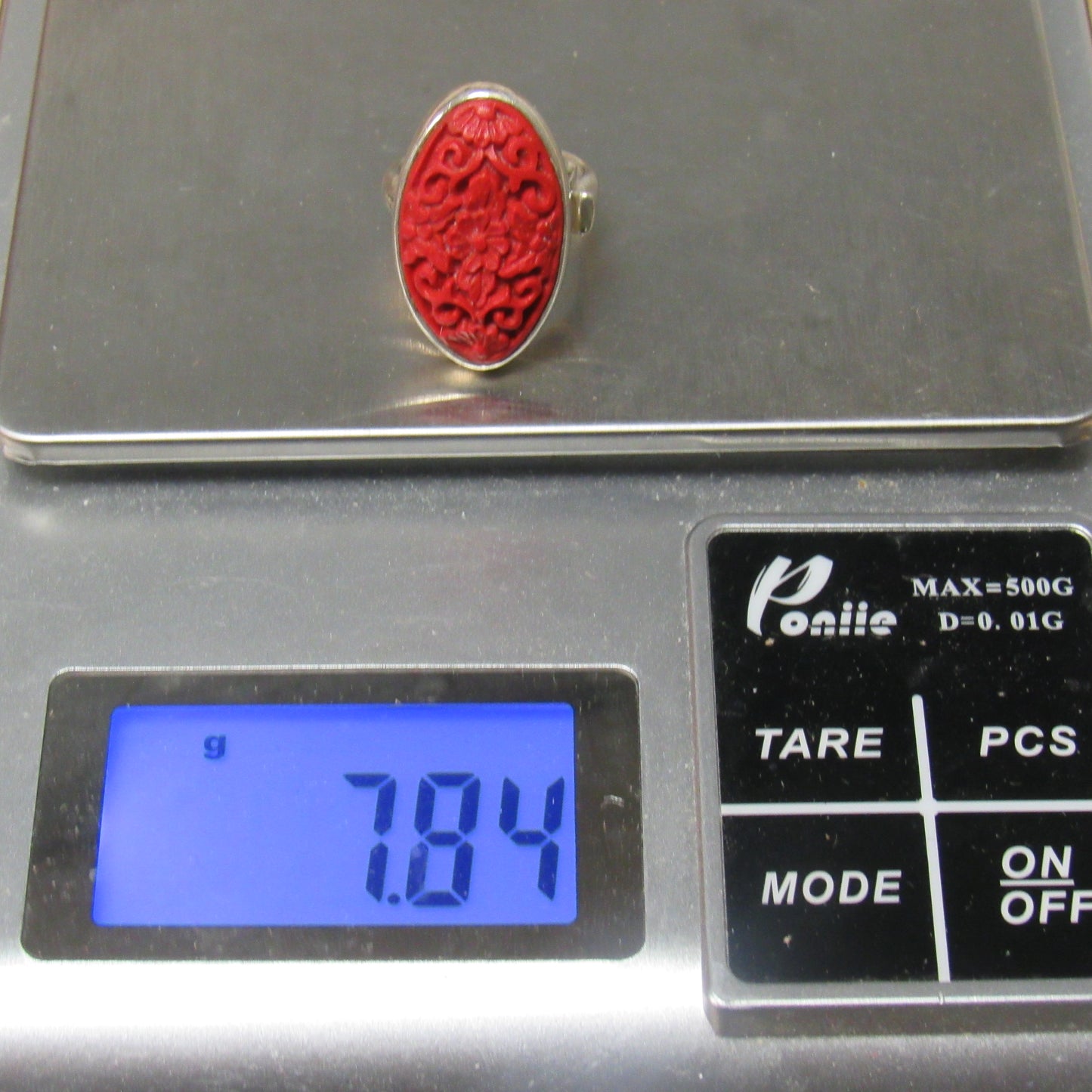 Sajen Sterling Silver Carved Red Cinnabar Floral Design Ring - Sz 5