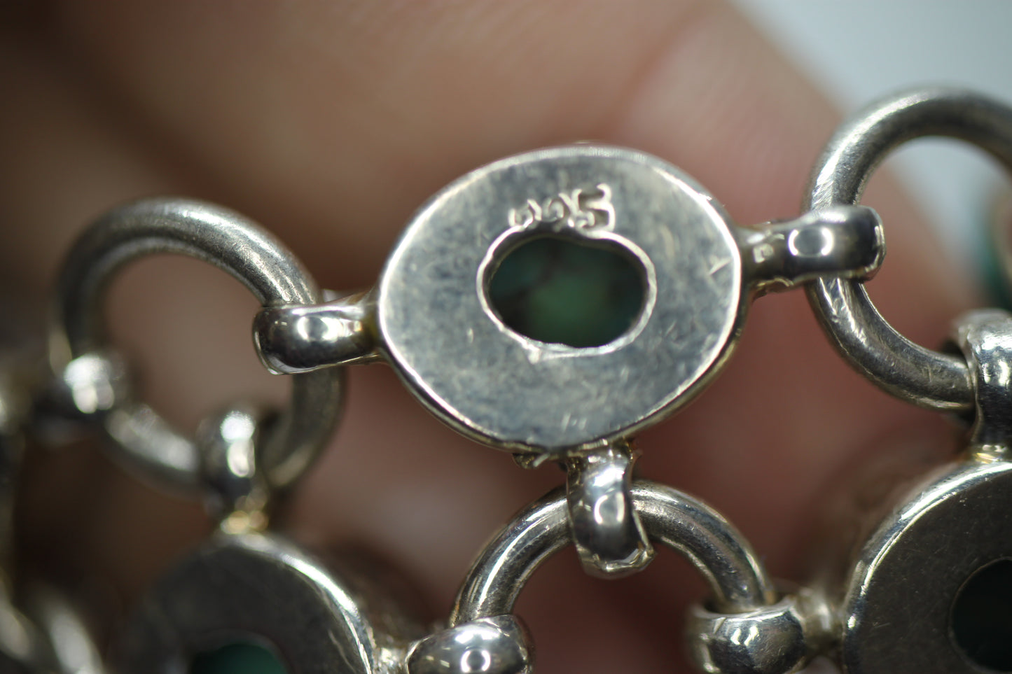 Sterling Silver 925 & Turquoise? Chain Link Mail Bracelet - ~1.25 in Wide