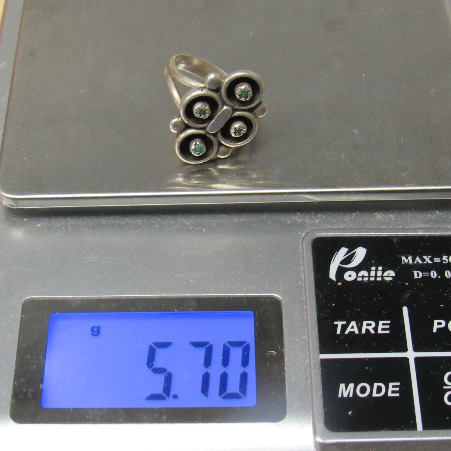 Vintage Sterling Silver A. Yazzie Navajo Turquoise Shadowbox Ring - Sz 7.5