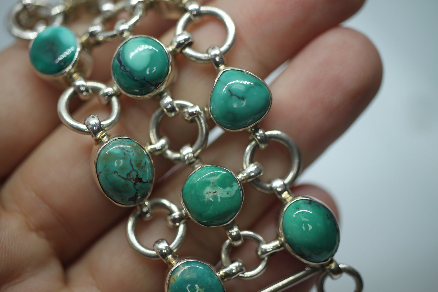 Sterling Silver 925 & Turquoise? Chain Link Mail Bracelet - ~1.25 in Wide