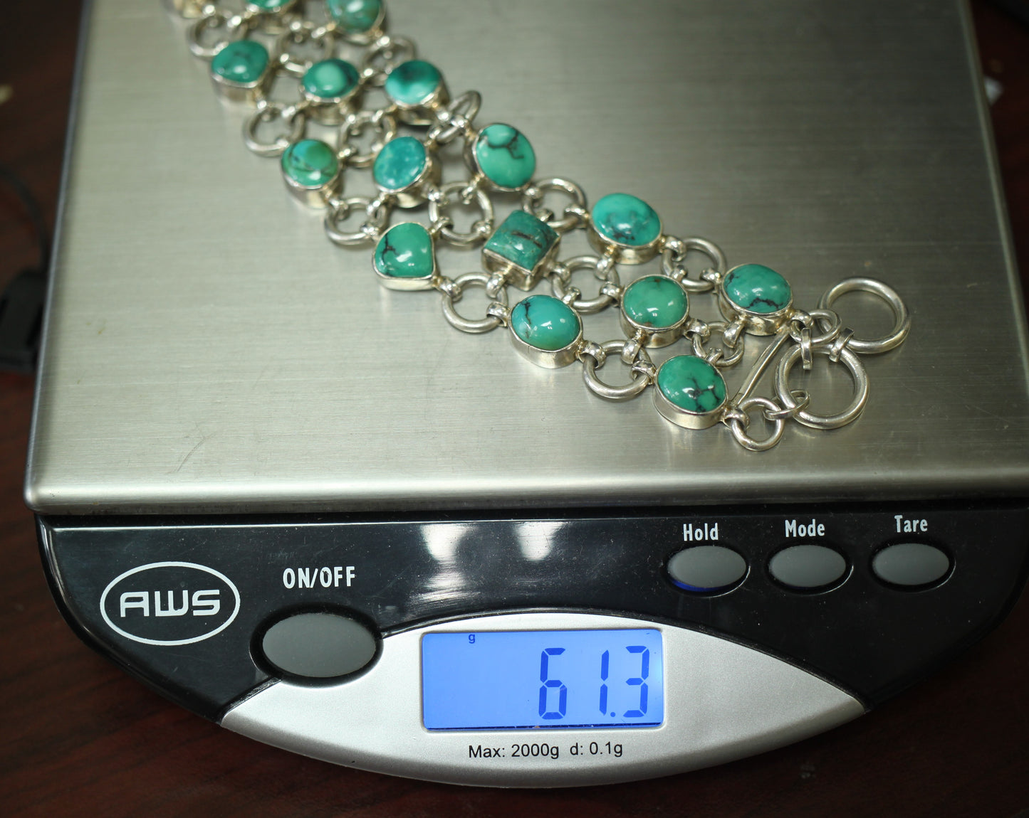 Sterling Silver 925 & Turquoise? Chain Link Mail Bracelet - ~1.25 in Wide