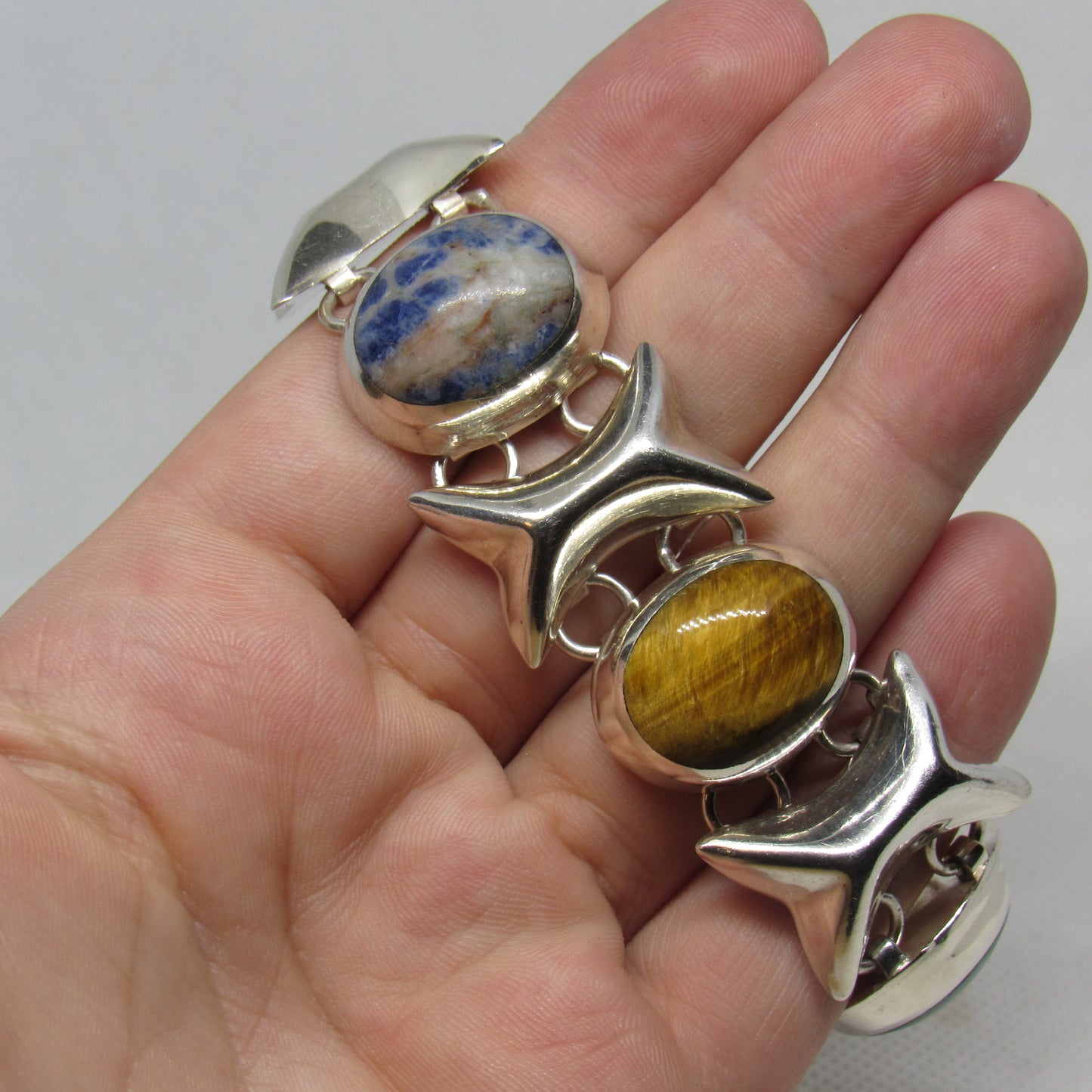 Vintage Mexico Sterling Silver Multi-Stone Cabochon XO Bracelet TD-102 - ~6.75 inch