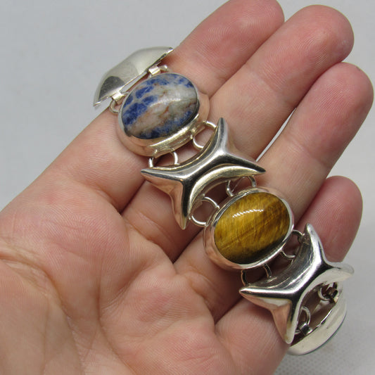 Vintage Mexico Sterling Silver Multi-Stone Cabochon XO Bracelet TD-102 - ~6.75 inch