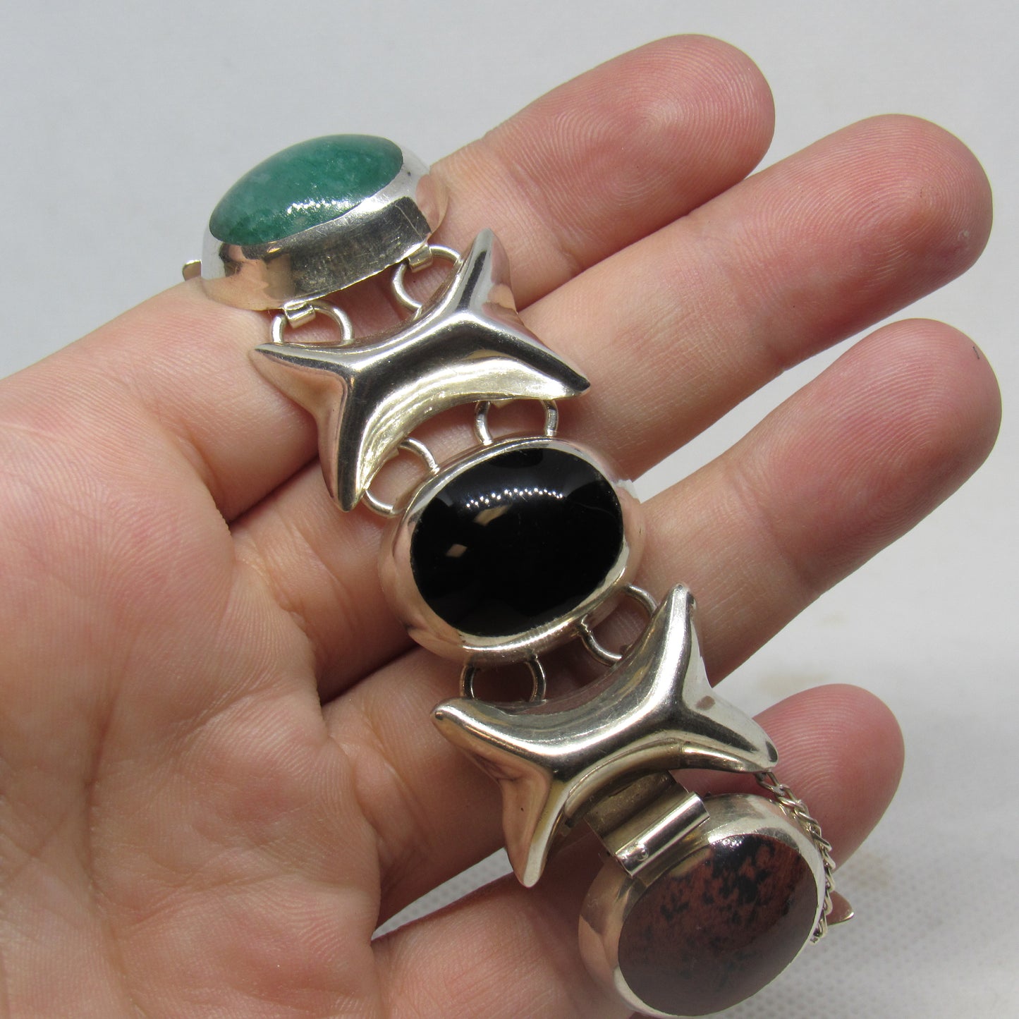 Vintage Mexico Sterling Silver Multi-Stone Cabochon XO Bracelet TD-102 - ~6.75 inch