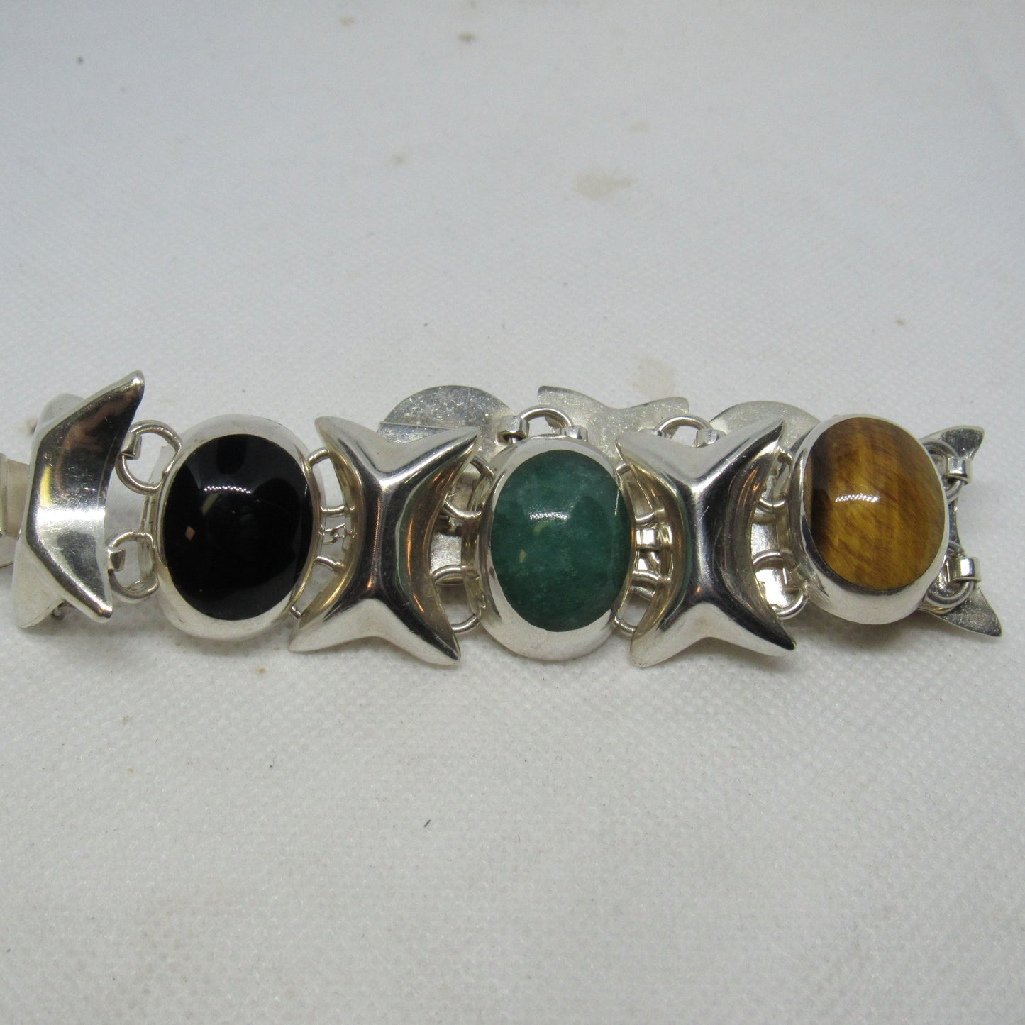 Vintage Mexico Sterling Silver Multi-Stone Cabochon XO Bracelet TD-102 - ~6.75 inch