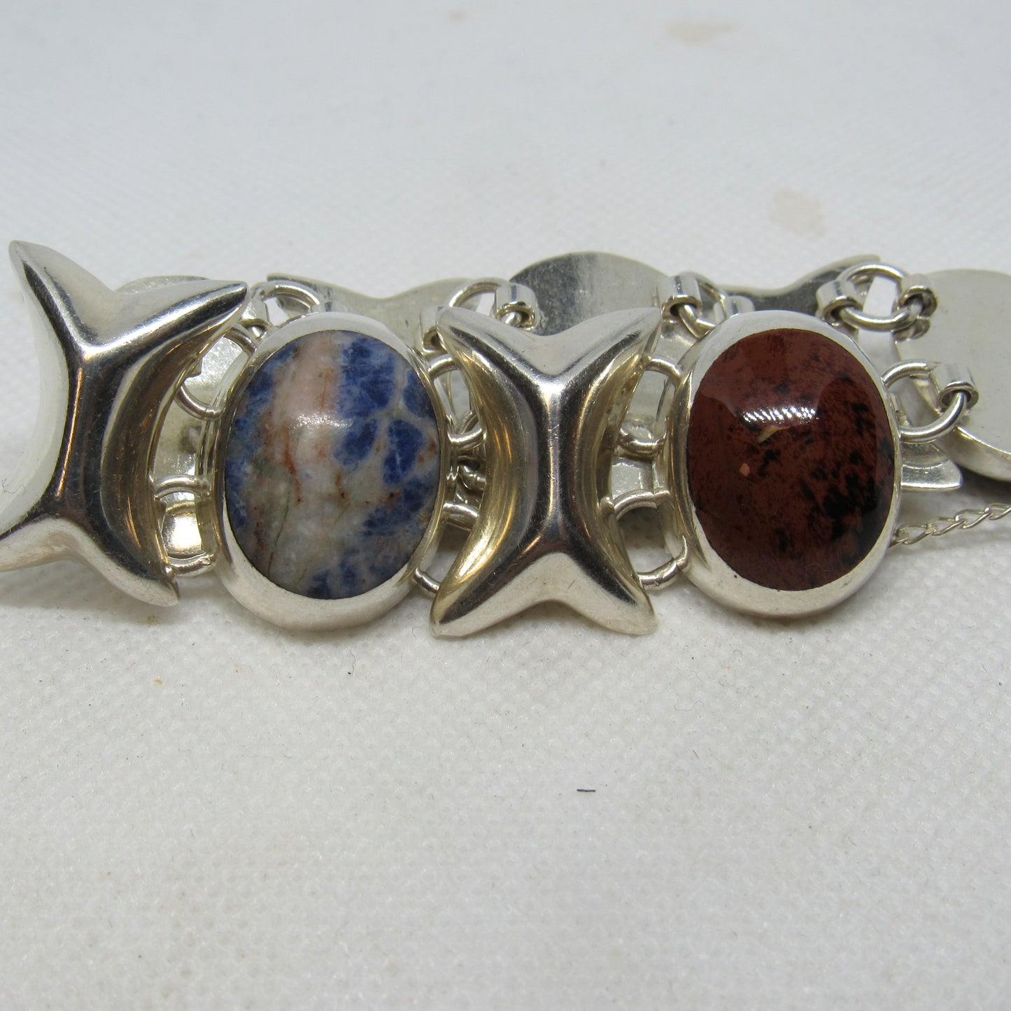 Vintage Mexico Sterling Silver Multi-Stone Cabochon XO Bracelet TD-102 - ~6.75 inch