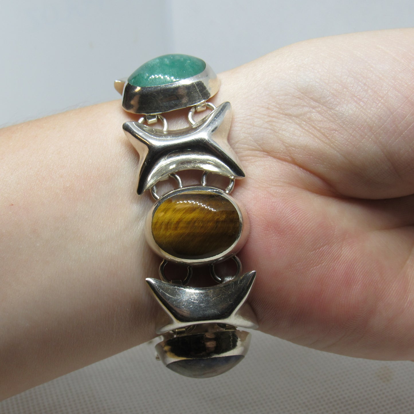 Vintage Mexico Sterling Silver Multi-Stone Cabochon XO Bracelet TD-102 - ~6.75 inch