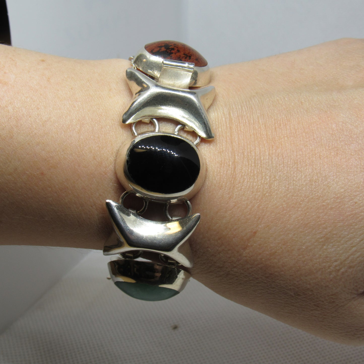 Vintage Mexico Sterling Silver Multi-Stone Cabochon XO Bracelet TD-102 - ~6.75 inch