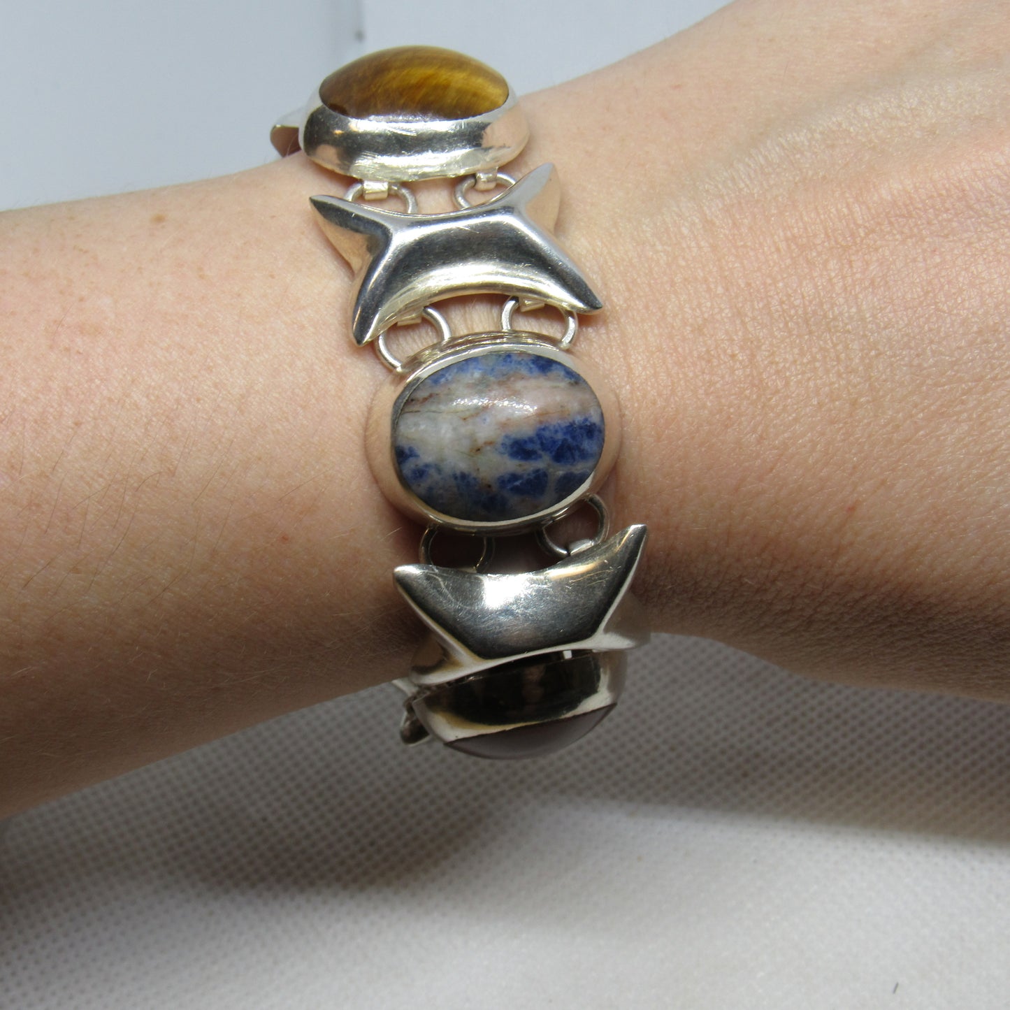 Vintage Mexico Sterling Silver Multi-Stone Cabochon XO Bracelet TD-102 - ~6.75 inch