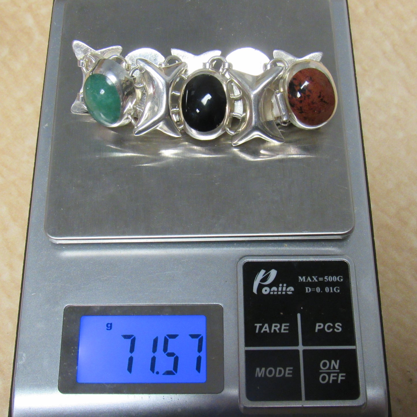 Vintage Mexico Sterling Silver Multi-Stone Cabochon XO Bracelet TD-102 - ~6.75 inch