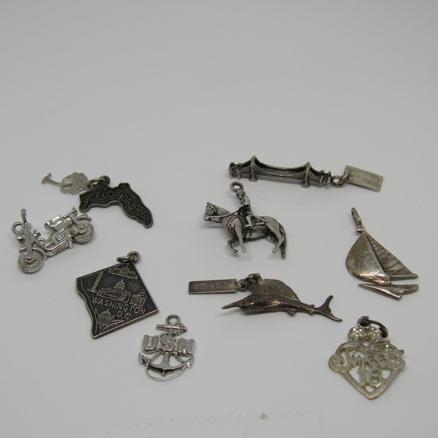 Vintage Lot of Sterling 925 Silver Sail Boat USN Sweet16 Motorcycle Charm Pendant Bracelet