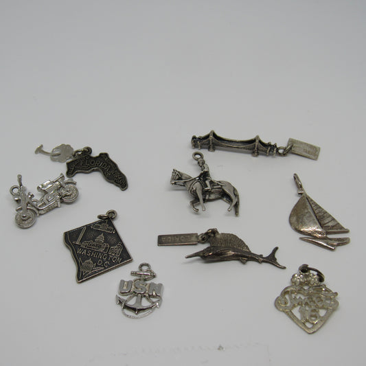 Vintage Lot of Sterling 925 Silver Sail Boat USN Sweet16 Motorcycle Charm Pendant Bracelet