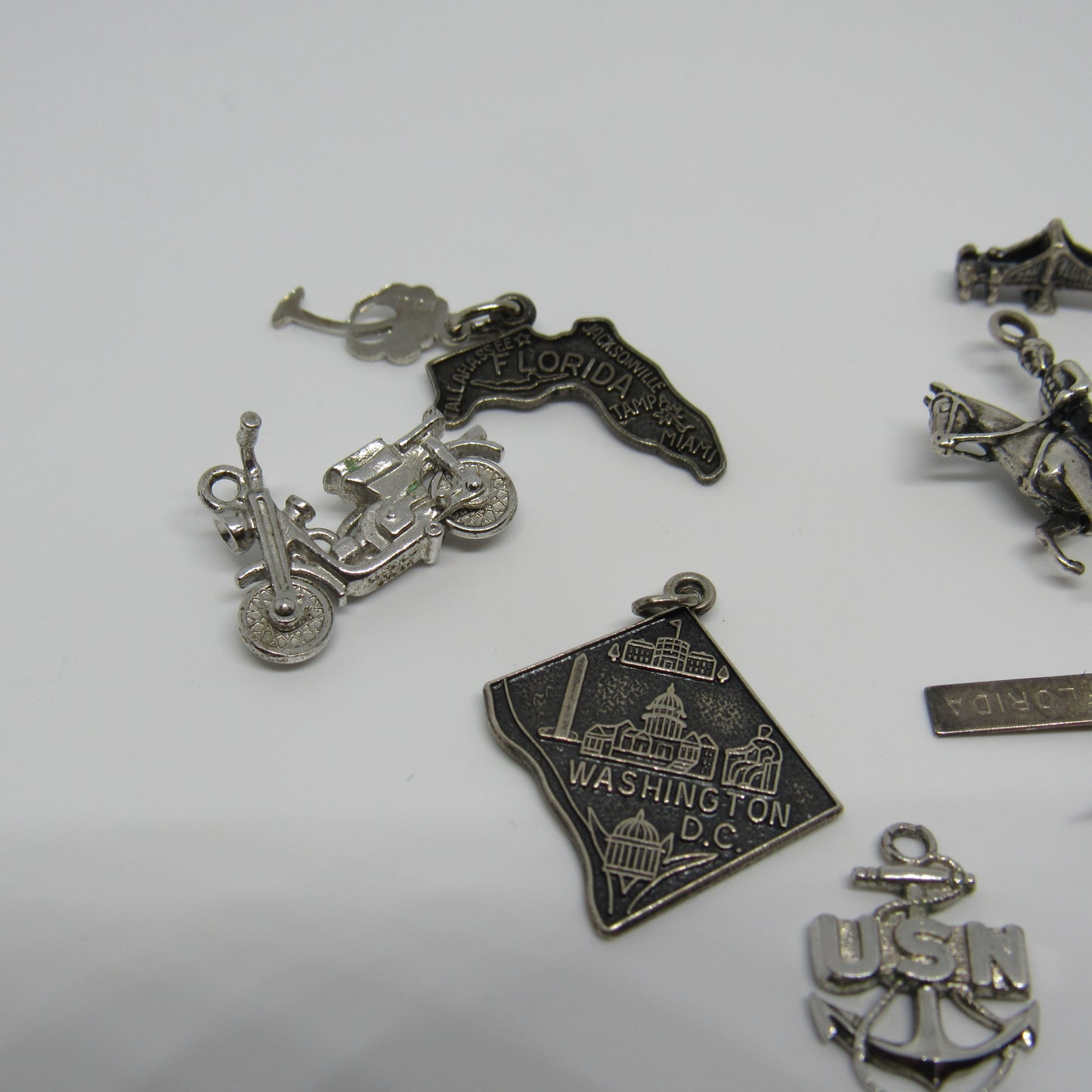 Vintage Lot of Sterling 925 Silver Sail Boat USN Sweet16 Motorcycle Charm Pendant Bracelet