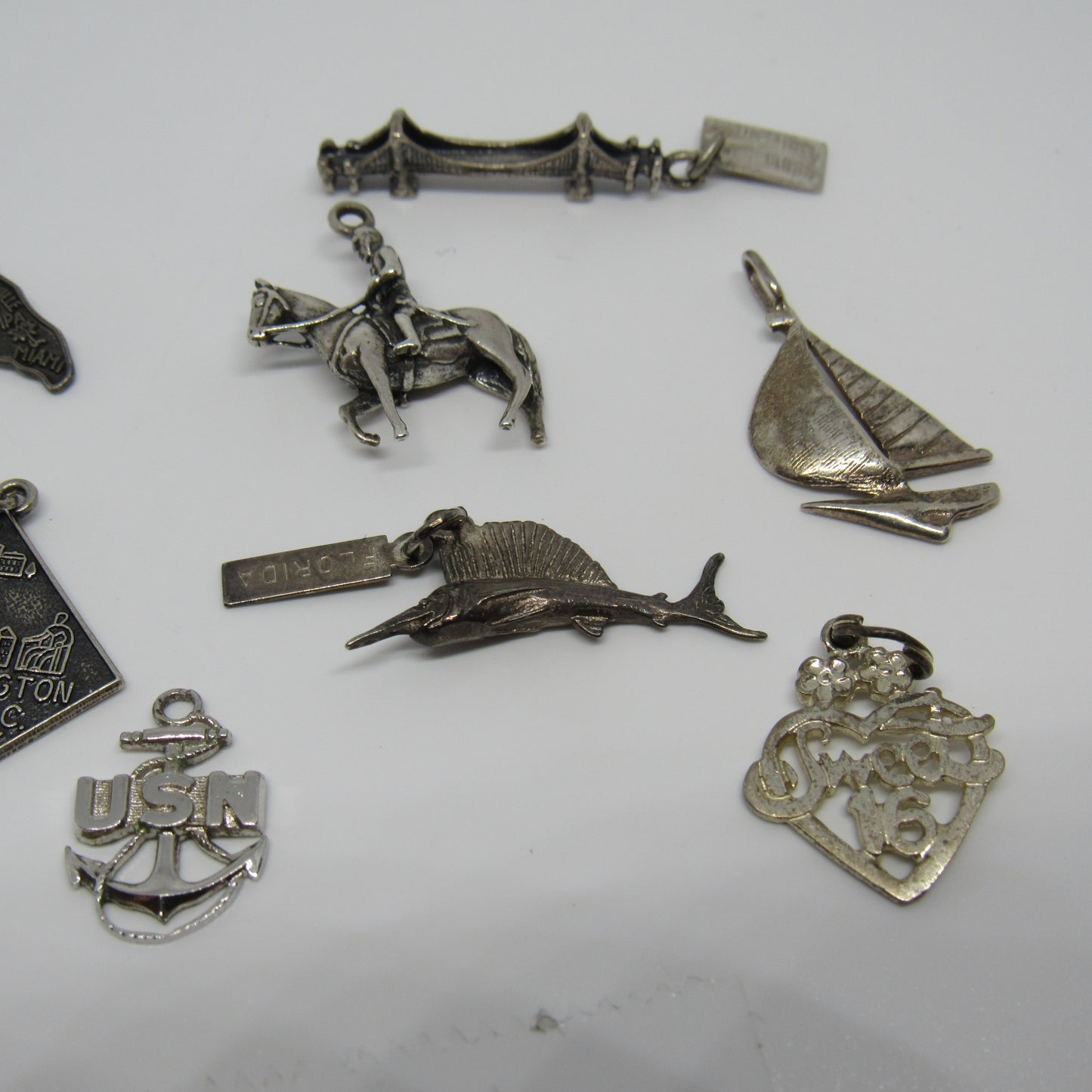 Vintage Lot of Sterling 925 Silver Sail Boat USN Sweet16 Motorcycle Charm Pendant Bracelet